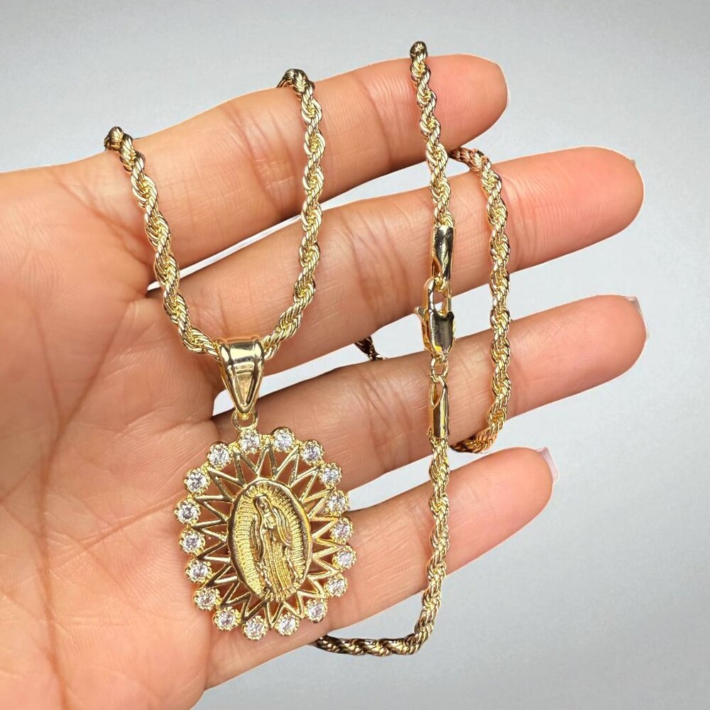 14K GP Virgin of Guadalupe Pendant Cubic Zirconia Rope Style Chain 18 Inch 3mm